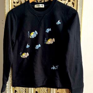 Eudon Choi Black Sweatshirt Sweater with Colorful Beaded Fish Blue Orange Brown